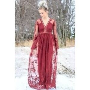 Maroon Sheer Embroidered Floral Overlay Long Sleeve Maxi Dress Size Small